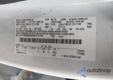 2019 Ford F-250 Xl z USA, uszkodzony, nr VIN 1FT7W2B65KEC71118